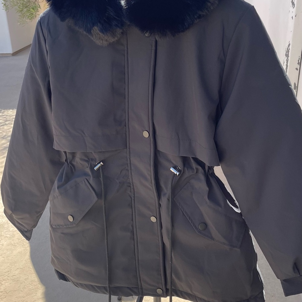 Black Faux Fur Warm Parka Wind Breaker Fleece Lined Hood Raincoat Coat Jacket - Picture 9 of 15
